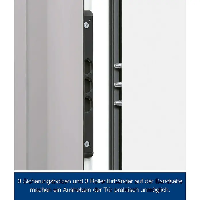 Hörmann Stahlschutztür KSI Thermo46 RC2 - 100 x 200 cm, DIN Anschlag: Rechts, Verkehrsweiß - 3 dunkle Sicherungsbolzen und 3 transparente Rollentürbänder an einer Tür, die ein Aushebeln praktisch unmöglich machen.