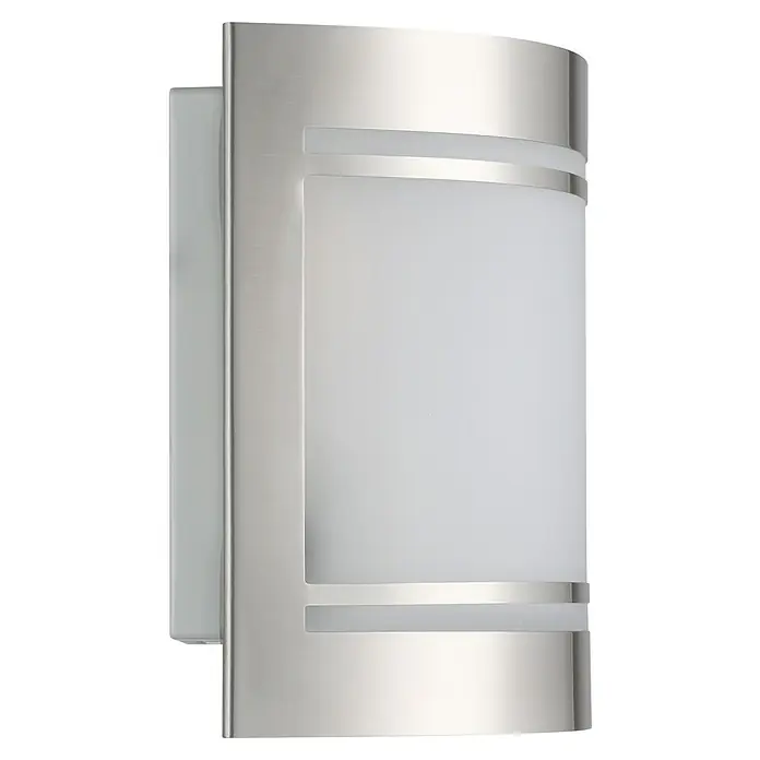 Außenwandleuchte - 40 W, 140 x 105 x 165 mm, Weiß, IP44 - Nahaufnahme einer modernen Wandleuchte mit gebürstetem Nickel-Finish und mattiertem Glasdiffusor, ideal für stilvolle Innenräume.