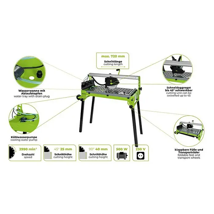 Zipper Elektro-Fliesenschneider ZI-FS200-720 - 500 W, Max. Schnittlänge: 720 mm, Schnitttiefe bei 90 °: 40 mm - Grüne und schwarze Fliesenschneidemaschine mit Wasserkühlung, klappbaren Beinen und Transporträdern.
