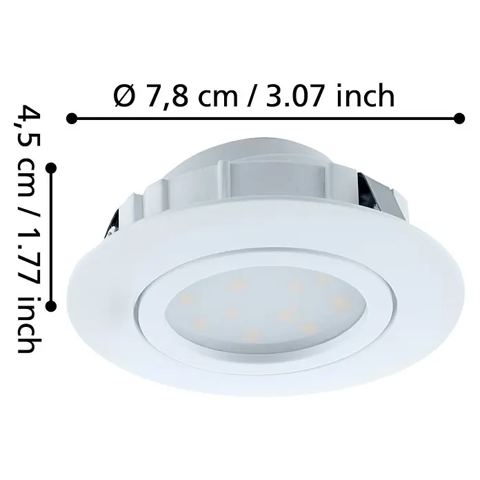 Eglo LED-Einbauleuchten-Set Pineda - 5,5 W, L x B x H: 8,4 x 8,4 x 4 cm, Weiß, 3 Stk., Warmweiß, Leuchtenkopf beweglich - Bild einer weißen LED-Einbauleuchte mit den Maßen 7,8 cm Durchmesser und 4,5 cm Höhe. Ideal für moderne Beleuchtungskonzepte.