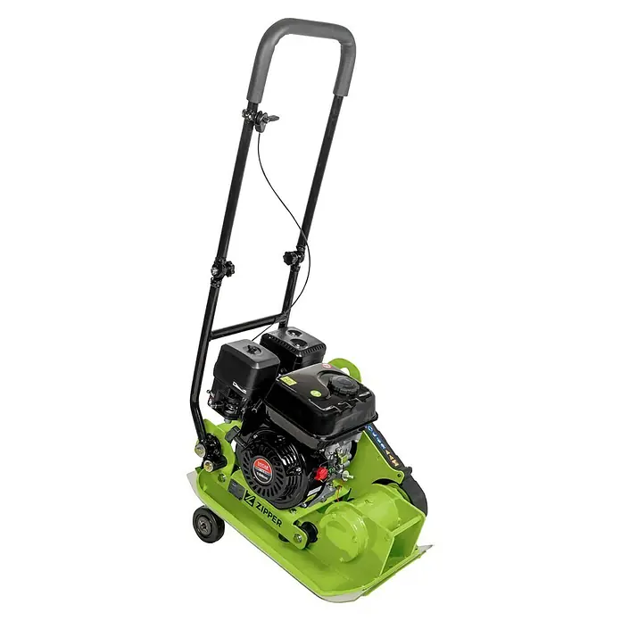 Zipper Rüttelplatte ZI-RPE60E - 4.000 W, Verdichtungstiefe: 150 mm - Limettengrüner Vibrationsplattenverdichter mit schwarzem Motor und Griff, ausgestattet mit Transporträdern.