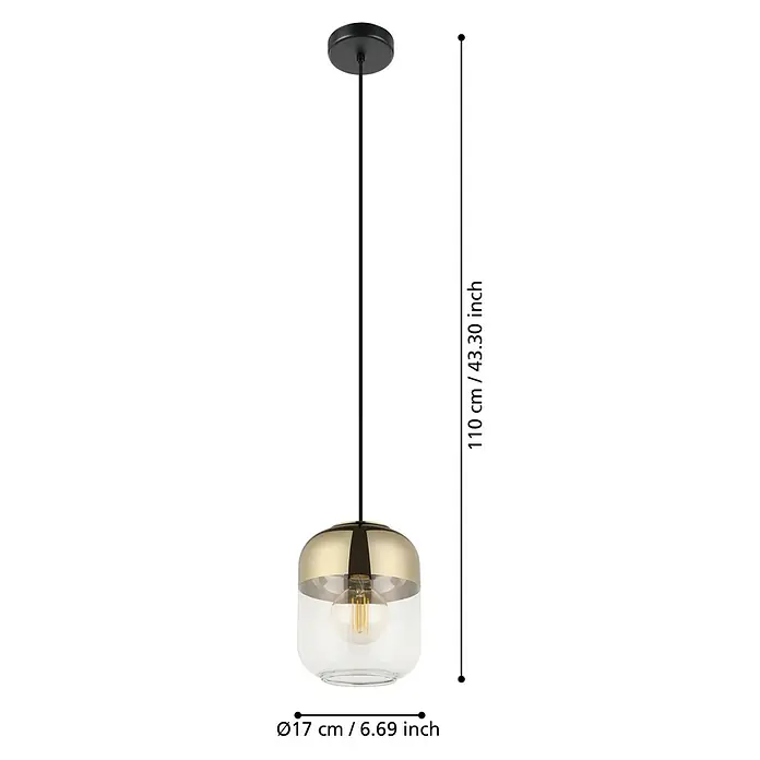 Eglo Maryvilla Pendelleuchte - 40 W, Schwarz/Brüniert, E27, Anzahl Leuchtmittel: 1 Stk. - Elegante Pendelleuchte mit goldenem Akzent und transparentem Glasschirm, die jedem Raum einen Hauch von modernem Stil verleiht.