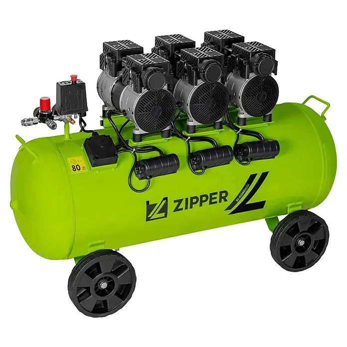 Zipper Flüsterkompressor ZI-COM90SI - 2.250 W, Max. Druck: 8 bar, 90 l, Schmierung: Ohne - Tragbarer lindgrüner Luftkompressor mit sechs schwarzen Pumpeneinheiten und schwarzen Rädern.