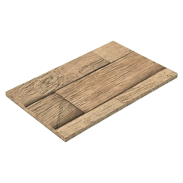 Egger Wandpaneelmuster - 297 x 210 x 12 mm, Laxfield Eiche - Hellebraune Holzoptik-Laminatplatte, die verwitterte Holzmaserung oben und einen Spanplattenkern an der Seite zeigt.