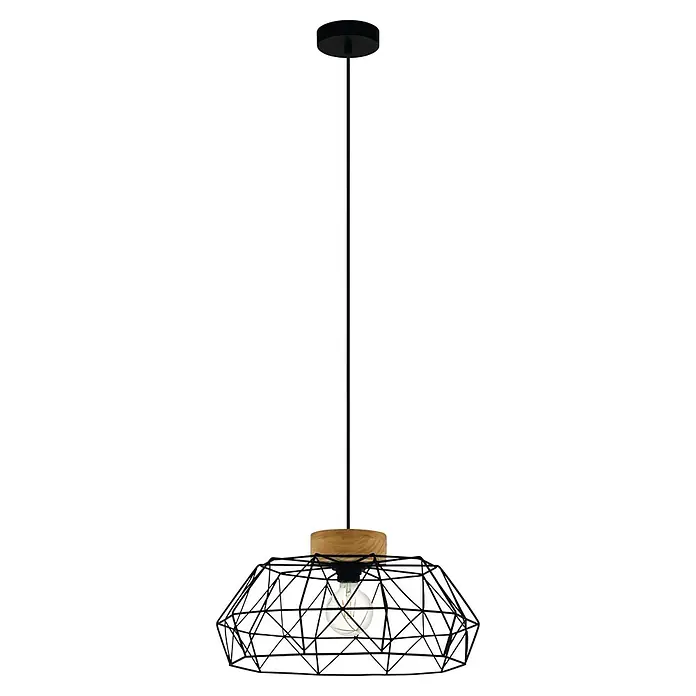 Eglo Padstow Pendelleuchte rund - Höhe: 110 cm - Schwarze Hängelampe mit Holzdetails und einem dekorativen, geometrischen Lampenschirm für eine stimmungsvolle Beleuchtung.