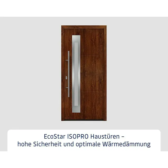 Hörmann EcoStar Haustür ISOPRO IP 780S - 110 x 210 cm, DIN Anschlag: Links, Dark Oak - Moderne braune Haustür in Holzoptik mit vertikaler silberner Akzentleiste und langem silbernem Stangengriff.