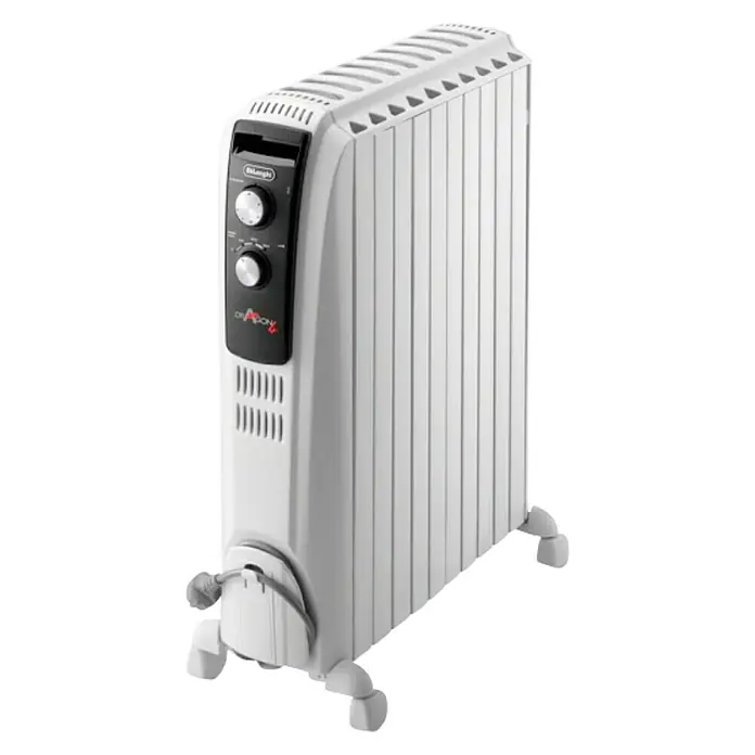 De'Longhi Radiador de aceite Dragon - 2.500 W, Blanco, L x An x Al: 52 x 16 x 65 cm - Imagen de un radiador de aceite De'Longhi blanco, con panel de control, aletas de calefacción y ruedas para facilitar el movimiento.