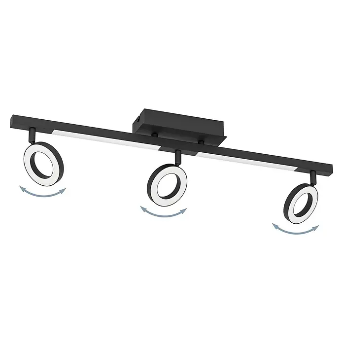 Eglo Cardillio 2 LED-Deckenstrahler - 16,2 W, L x B x H: 38,5 x 8,5 x 17,5 cm, Schwarz, Warmweiß, 5 Stk. - Moderne Deckenleuchte mit drei ringförmigen LED-Spots an einer schwarzen Schiene für stilvolle Beleuchtung im Raum.