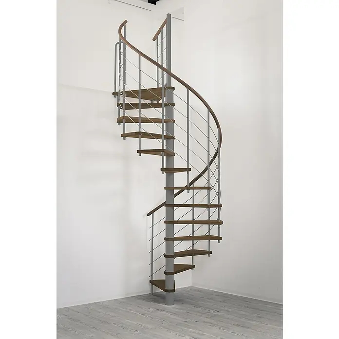 Minka Spindeltreppe Venezia - Durchmesser: 120 cm, Grau, Farbe Stufen: Buche Walnuss gebeizt, Geschosshöhe: 305,5 cm - Die elegante Wendeltreppe mit Holzstufen und einem silbernen Geländer fügt sich nahtlos in moderne Innenräume ein. Der natürliche Look der Holzstufen sorgt für Wärme.