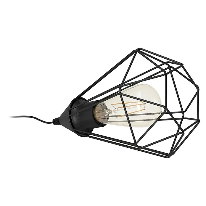 Eglo Tarbes Tischleuchte - 60 W, L x B x H: 26,5 x 26,5 x 17,5 cm, Schwarz, E27 - Nahaufnahme einer stilvollen schwarzen Käfiglampe mit einer Edison-Glühbirne, die ein warmes, industrielles Flair erzeugt.\n