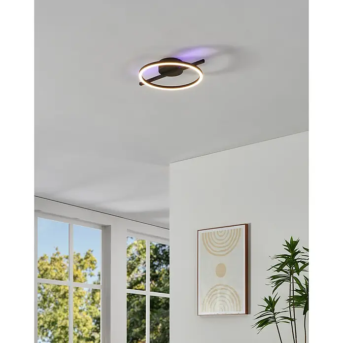 Eglo LED-Deckenleuchte Amandolo - 17 W, L x B x H: 40 x 30 x 6,5 cm, Schwarz, Neutralweiß - Schwarze Deckenleuchte mit kreisförmigem LED-Ring und linearem Arm, strahlt weißes und violettes Licht ab.