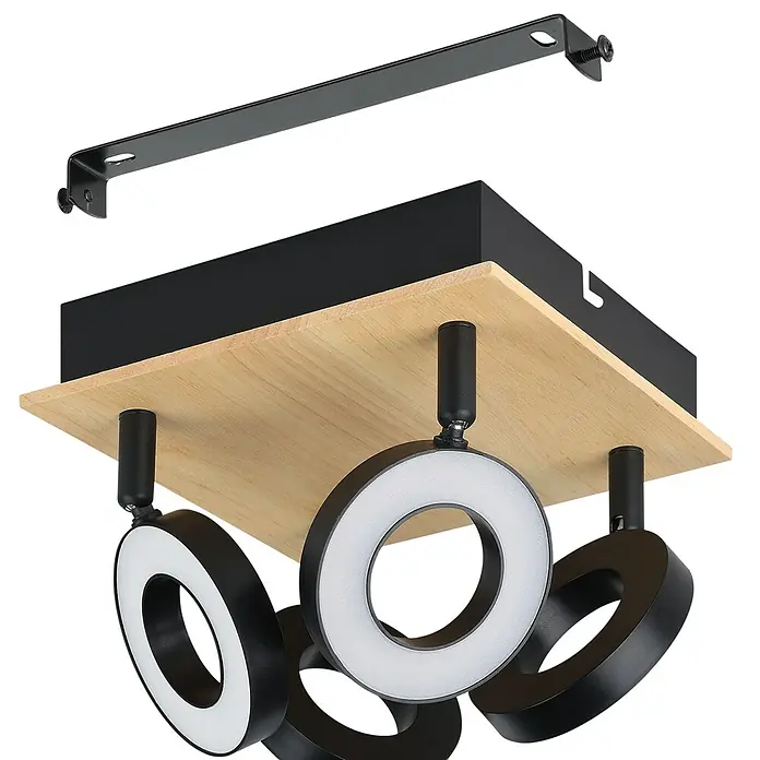 Eglo LED-Einbauleuchte Rielves - 4,2 W, L x B x H: 17 x 7 x 17 cm, Schwarz, Holz, Warmweiß - Moderne Deckenleuchte aus schwarzem Metall und hellem Holz mit drei runden LED-Strahlern und einer schwarzen Metallhalterung.