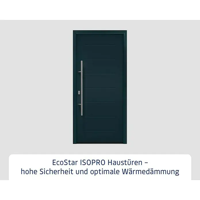 Hörmann EcoStar Haustür ISOPRO IP 015 - 110 x 210 cm, DIN Anschlag: Links, Anthrazitgrau - Dunkelblaue Haustür mit horizontalen Rillen und langem Edelstahlgriff.