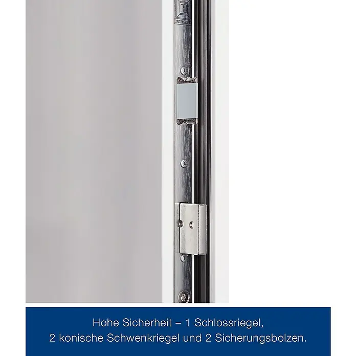 Hörmann Stahlschutztür KSI Thermo46 RC2 - 100 x 200 cm, DIN Anschlag: Rechts, Verkehrsweiß - Nahaufnahme eines gebürsteten Metall-Mehrfachverriegelungssystems mit einem Schlossriegel, zwei konischen Schwenkriegeln und zwei Sicherungsbolzen.