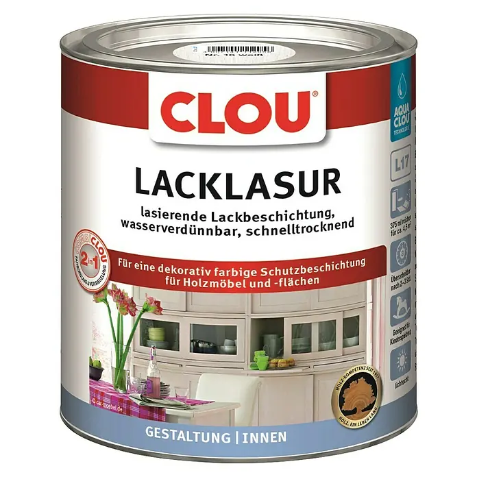 Clou Aqua Lacklasur Combi-Clou L17 - Weiß, 375 ml, Seidenmatt - Dose Clou Lacklasur für dekorative Holzschutzbeschichtung, wasserverdünnbar und schnelltrocknend. Ideal für Möbel und Flächen im Innenbereich.