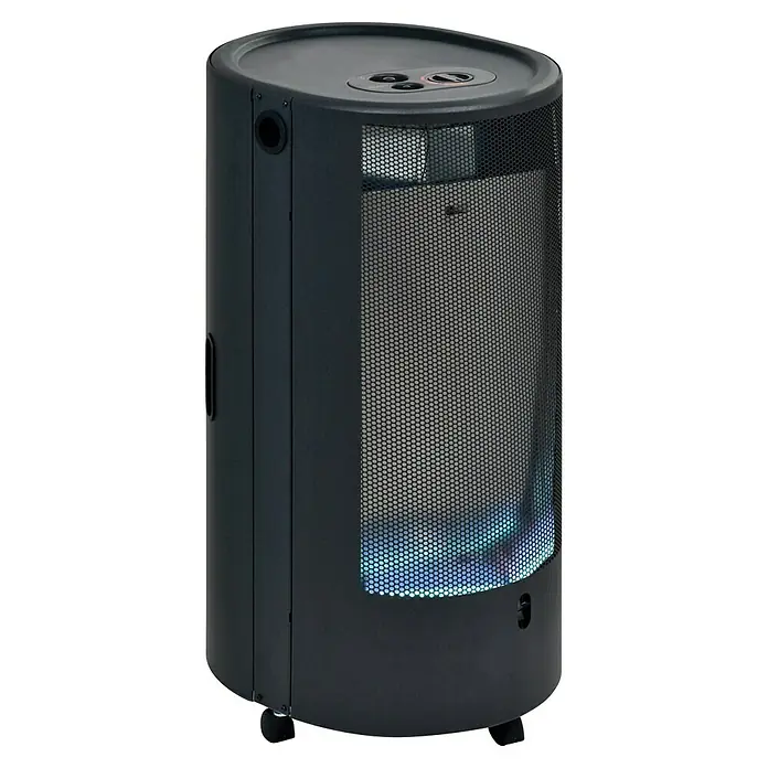 Firefix Gasheizer Chic 4200 Eco - L x B x H: 34 x 46 x 77,5 cm, Schwarz - Ein schwarzer Terrassenheizer mit einem runden Design und einem Gitterschutz. Er strahlt ein blaues Licht aus und sorgt für Wärme im Freien.