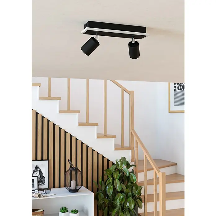 Eglo Downlight LED empotrable - 12 W, L x An x Al: 34 x 10 x 14 cm, Negro, Blanco cálido - Lámpara de techo con dos focos negros y soporte rectangular, ideal para iluminación interior moderna.