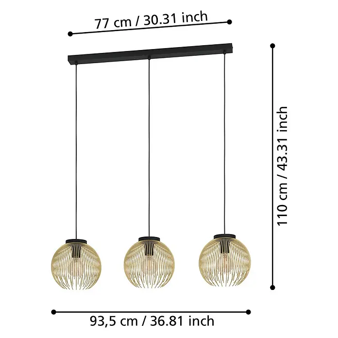 Eglo Venezuela Pendelleuchte - 120 W, L x B x H: 93,5 x 23,5 x 110 cm, Schwarz/Gold, E27, Anzahl Leuchtmittel: 3 Stk. - Abbildung einer dreiflammigen Pendelleuchte mit Maßen.