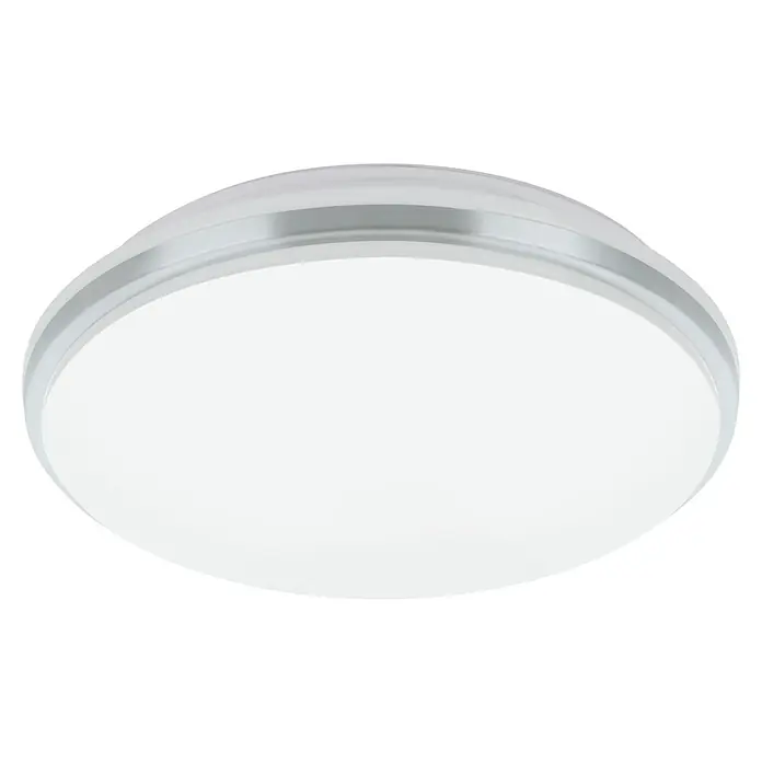 Eglo LED-Deckenleuchte rund - 18 W, Ø x H: 34 x 6,5 cm, Chrom, Neutralweiß - Nahaufnahme einer modernen, runden Deckenleuchte mit einem schlanken, silbernen Rahmen und einer diffusen, weißen Abdeckung.