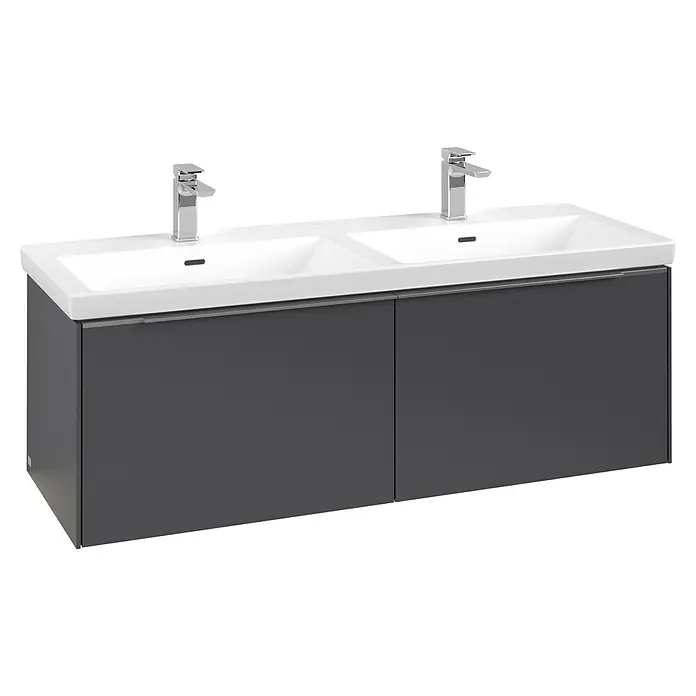 Villeroy & Boch Subway 3.0 Waschbeckenunterschrank - Graphite, Anzahl Schubladen: 2 Stk., Farbe Griff: Aluminium glänzend, B x T x H: 127,2 x 47,8 x 42,9 cm, Mit Beleuchtung, Geeignet für Doppelwaschtisch - Dunkelgrauer Doppelwaschtisch mit zwei weißen Keramikwaschbecken und zwei Chromarmaturen, wandhängend.
