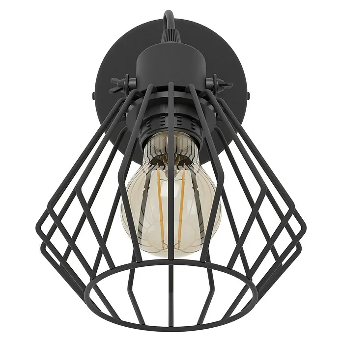 Eglo Deckenstrahler TABILLANO - Schwarz, E27, 1 Stk. - Nahaufnahme einer stilvollen schwarzen Käfig-Wandleuchte mit einer warmen Glühbirne. Ein dekoratives Beleuchtungselement für moderne Innenräume.