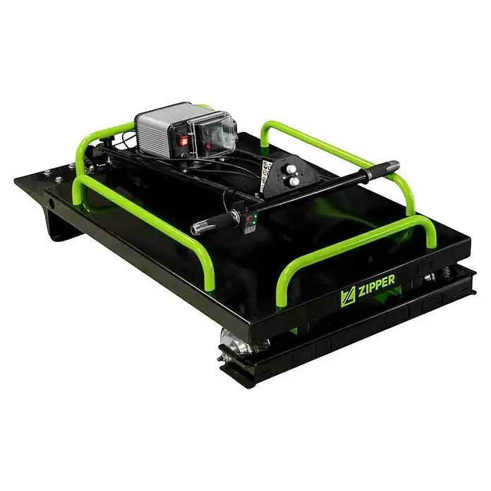 Zipper Scherenhubwagen ZI-SHW300 - Länge Arbeitsplatte: 100 cm, 60 cm, Max. Ladegewicht: 300 kg - Schwarze elektrische Plattform mit hellgrünen Geländern und Bedienfeld.