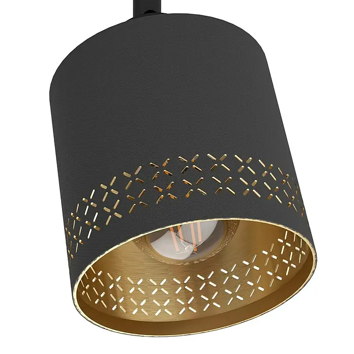 Eglo Esteperra Deckenstrahler ESTEPERRA - 84 W, Schwarz, E27, 3 Stk. - Nahaufnahme einer eleganten schwarzen Deckenleuchte mit goldfarbenen Akzenten und dekorativen Aussparungen.