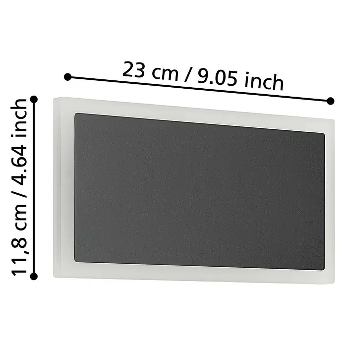 Eglo LED-Wandleuchte Talamello 1 - 12 W, L x B x H: 23 x 5 x 12 cm, Schwarz, Warmweiß - Rechteckiges Paneel mit weißem Rahmen und dunkelgrauer Oberfläche, Maße 23x11,8 cm.