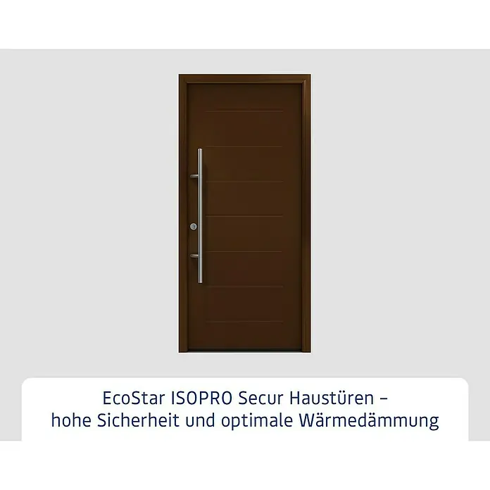 Hörmann EcoStar Haustür ISOPRO Secur IPS 015 - 110 x 210 cm, DIN Anschlag: Links, Terrabraun - Moderne braune Eingangstür mit horizontalen Rillen und einem langen silbernen Stangengriff.