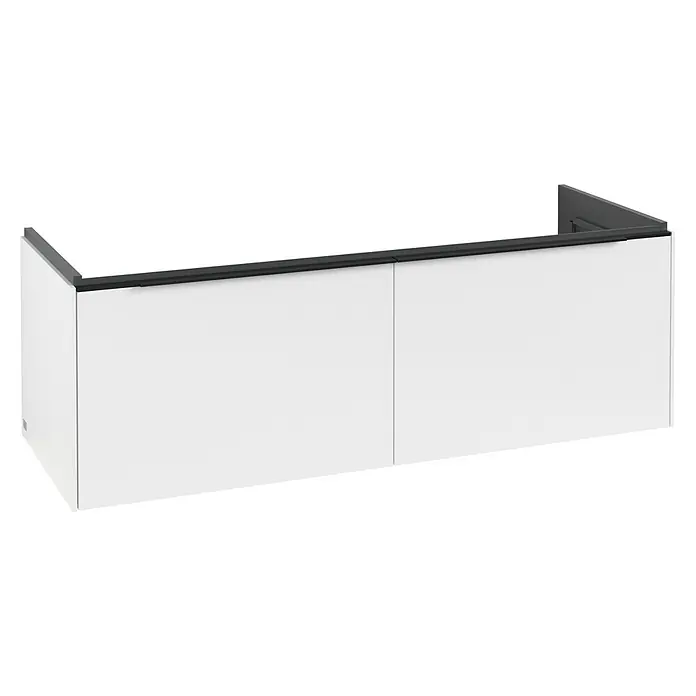 Villeroy & Boch Subway 3.0 Waschbeckenunterschrank - Pure White, Anzahl Schubladen: 2 Stk., Farbe Griff: Volcano Black, B x T x H: 127,2 x 47,8 x 42,9 cm, Mit Beleuchtung, Geeignet für Doppelwaschtisch - Weißer Wandunterschrank mit zwei Schubladenfronten und dunklem Griffprofil.