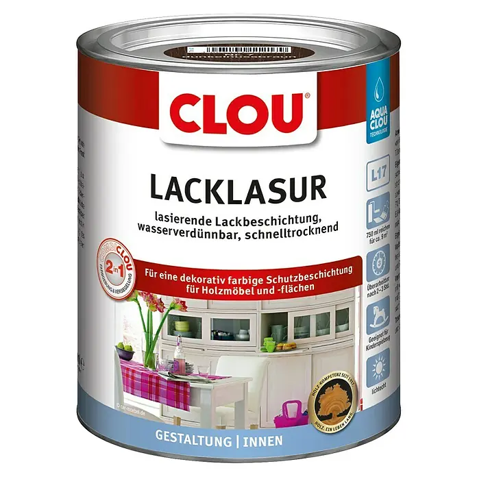 Clou Aqua Lacklasur Combi-Clou L17 - Dunkelnussbraun, 750 ml, Seidenmatt - Dose Clou Lacklasur, eine wasserverdünnbare, schnelltrocknende Lackbeschichtung für dekorative Holzmöbel und Flächen im Innenbereich.