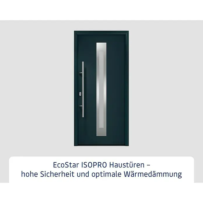 Hörmann EcoStar Haustür ISOPRO IP 770S - 110 x 210 cm, DIN Anschlag: Links, Anthrazitgrau - Dunkeltürkise EcoStar ISOPRO Haustür mit vertikalem Frosted-Glas-Einsatz und langem Griff. Bietet hohe Sicherheit und optimale Wärmedämmung.