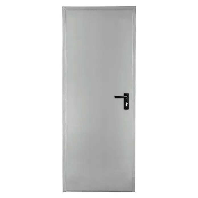 Novoferm Puerta de trastero Super Standard Galvanizada - 77,5 x 203,5 cm, Derecha - Una puerta gris sencilla con un manija negra, ideal para interiores modernos. La puerta ofrece funcionalidad y elementos de diseño elegantes.
