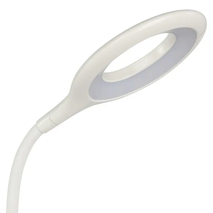 Eglo LED-Klemmleuchte Cabado - L x B x H: 12 x 6,5 x 42 cm - Nahaufnahme einer modernen, weißen LED-Schreibtischlampe mit einem ringförmigen Licht, die Eleganz und Funktionalität vereint.