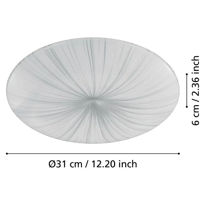 Eglo LED-Deckenleuchte rund NIEVES - 10 W, Ø x H: 31 x 6 cm, Weiß/Silber, Warmweiß - Produktbild einer runden Deckenleuchte mit subtilem, wirbelndem Muster und Größenangaben.