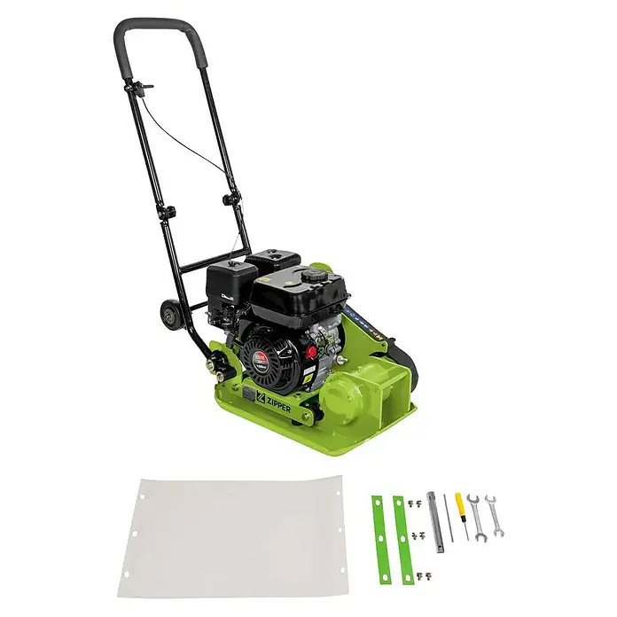Zipper Rüttelplatte ZI-RPE60E - 4.000 W, Verdichtungstiefe: 150 mm - Limettengrüner Plattenverdichter mit schwarzem Motor und Griff, dazu weiße Pflastermatte und Montagewerkzeuge.