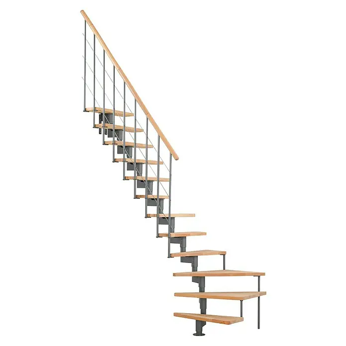 Minka Mittelholmtreppe Style Turn - Breite: 70 cm, Grau, Farbe Stufen: Buche Natur, Geschosshöhe: 304 cm - Eine moderne Treppe mit Holzstufen und silbernen Geländern, die ein elegantes Design für den Innenbereich bietet.