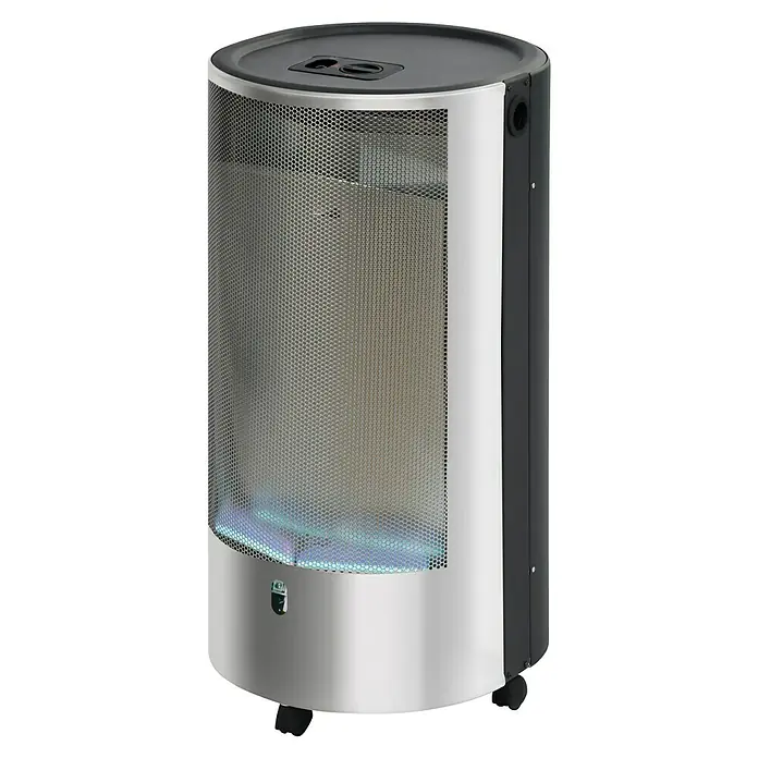 Firefix Gasheizer Chic 4200 Classic - L x B x H: 34 x 46 x 77,5 cm, Edelstahl - Ein runder Terrassenheizer mit blauen Flammen und einem silbernen Metallgitter, ideal für gemütliche Abende im Freien.