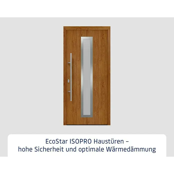 Hörmann EcoStar Haustür ISOPRO IP 700S - 110 x 210 cm, DIN Anschlag: Links, Golden Oak - Moderne braune Holztür mit vertikalem, silbergerahmtem Glaseinsatz und langem silbernen Griff.