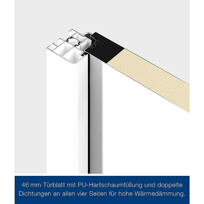 Hörmann Stahlschutztür KSI Thermo46 RC2 - 100 x 200 cm, DIN Anschlag: Rechts, Verkehrsweiß - Querschnitt eines 46 mm Türblatts mit PU-Hartschaumfüllung und doppelten Dichtungen für hohe Wärmedämmung.