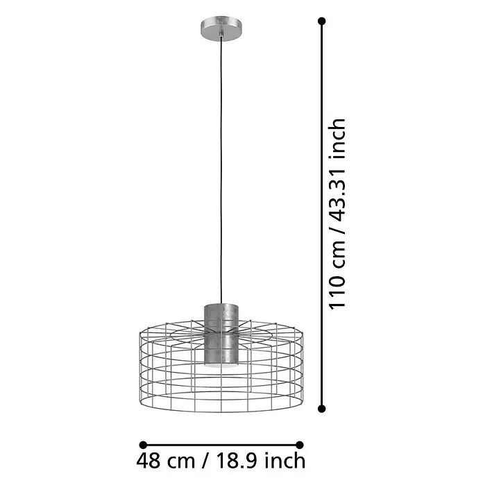 Eglo Pendelleuchte rund MILLIGAN - 40 W, Ø x H: 480 mm x 110 cm, Weiß-verzinkt, E27 - Pendelleuchte mit Drahtkäfig, ideal für moderne Innenräume. Gesamthöhe 110 cm, Durchmesser 48 cm.