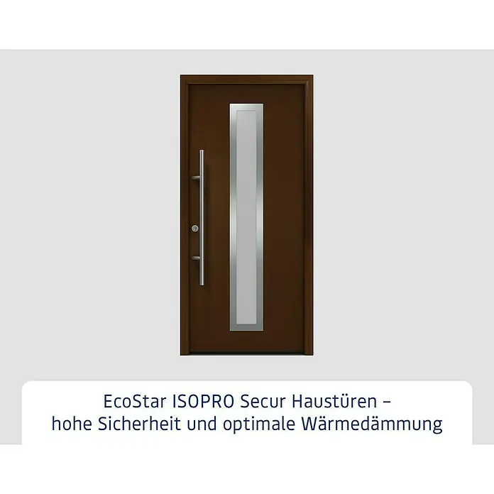 Hörmann EcoStar Haustür ISOPRO Secur IPS 700S - 110 x 210 cm, DIN Anschlag: Links, Terrabraun - Braune Haustür mit langem silbernem Stangengriff und vertikalem Milchglaseinsatz.