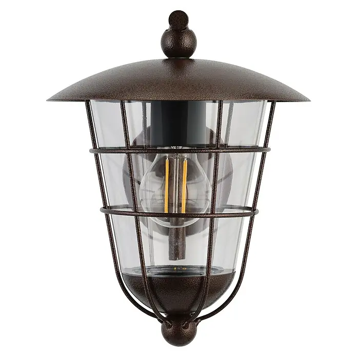 Eglo Außenwandleuchte Pulfero 1 - 60 W, Braun, Klar, IP44 - Nahaufnahme einer Außenwandleuchte im Vintage-Stil mit dekorativem Käfig und rustikaler Bronzeoberfläche.