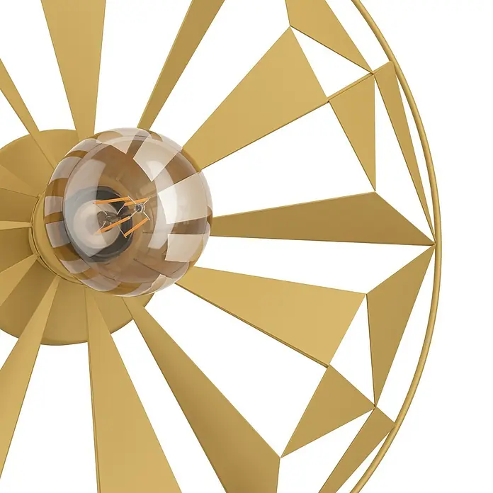 Eglo Deckenleuchte rund CASTANUELO - 40 W, Ø x H: 425 mm x 100 cm, Gold, E27 - Nahaufnahme einer goldenen Lampe mit einem klaren, runden Lampenschirm, der das Glühbirnen-Filament zeigt.