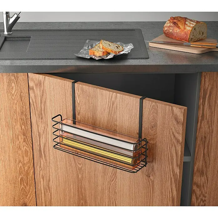 Metaltex Einhängekorb Galileo - L x B x H: 34 x 12 x 22 cm, Lavaschwarz - Praktischer Küchenrollenhalter zum Einhängen an der Schranktür. Ideal für Frischhaltefolie, Alufolie und Küchenpapier, um Platz zu sparen.