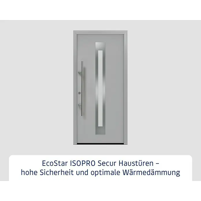 Hörmann EcoStar Haustür ISOPRO Secur IPS 770S - 110 x 210 cm, DIN Anschlag: Links, Weißaluminium - Moderne graue Haustür mit vertikalem Silberakzent und langem Griff, für hohe Sicherheit und optimale Wärmedämmung.