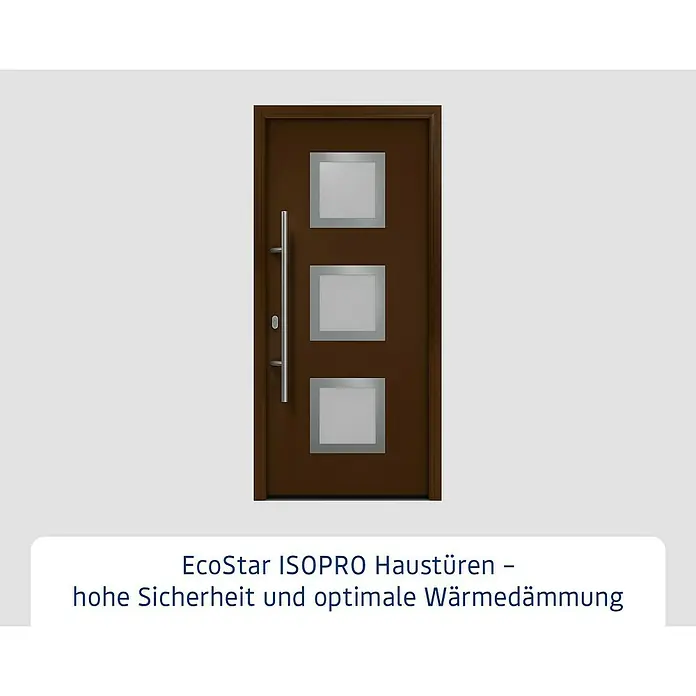 Hörmann EcoStar Haustür ISOPRO IP 810S - 110 x 210 cm, DIN Anschlag: Links, Terrabraun - Braune Haustür mit drei quadratischen Fenstern und langem silbernem Griff.