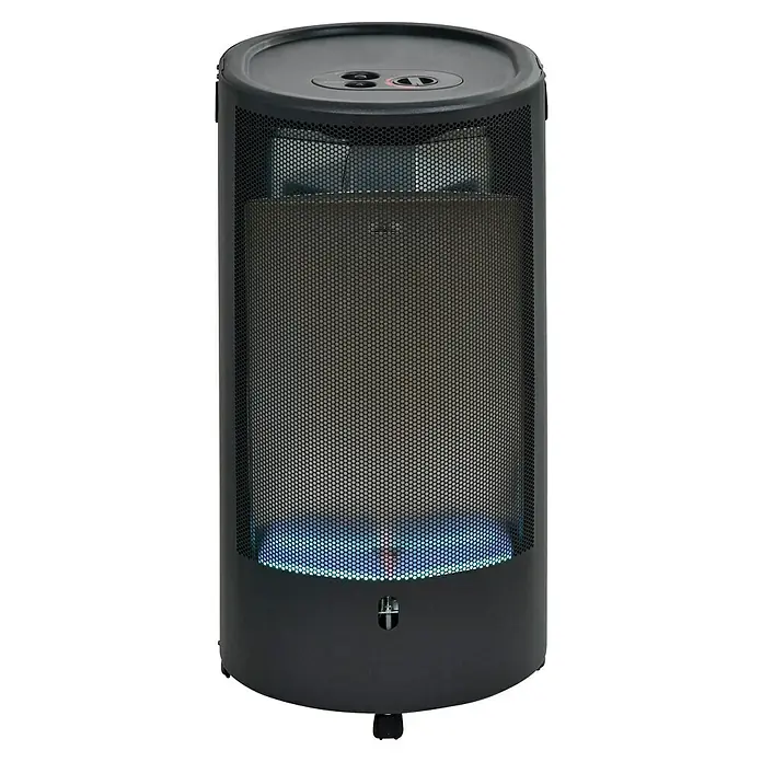 Firefix Gasheizer Chic 4200 Eco - L x B x H: 34 x 46 x 77,5 cm, Schwarz - Nahaufnahme eines Heizstrahlers für den Außenbereich mit blauen Flammen hinter einem Schutzgitter.