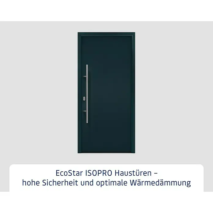 Hörmann EcoStar Haustür ISOPRO IP 010 - 110 x 210 cm, DIN Anschlag: Links, Anthrazitgrau - Dunkelblaue EcoStar ISOPRO Haustür mit langem, silbernem Stangengriff.
