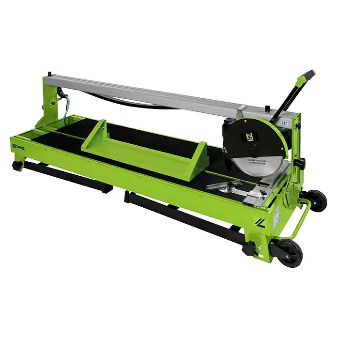 Zipper Elektro-Fliesenschneider ZI-FS250-1200 - 500 W, Max. Schnittlänge: 1.200 mm, Schnitttiefe bei 90 °: 46 mm - Große neongrüne Nassfliesenschneidemaschine mit Diamantsägeblatt und beweglicher Schiene für präzises Fliesenschneiden.